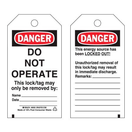 Brady Brady 65502 Lockout Tag- Danger Do Not Operate, Self-Laminating, Heavy Duty Polyester, 25/Pack 65502